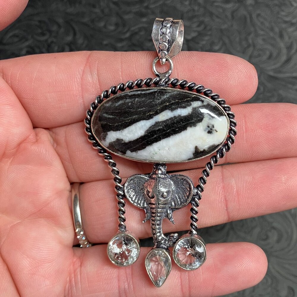 Zebra Jasper and Elephant Pendant Stone Crystal Jewelry